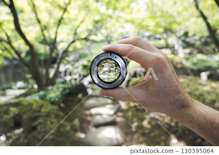 Lens focus on forest stream through camera lens 130395064