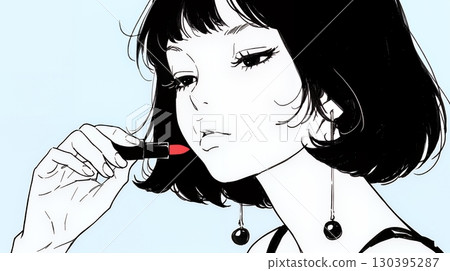 一位年輕女子化妝（口紅）（簡單的顏色） 130395287