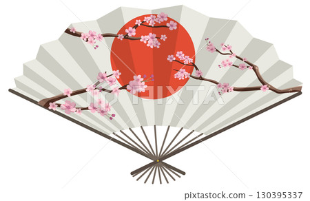Japanese Folding Fan with Cherry Blossoms and Red Sun 130395337