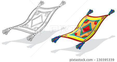 Colorful Flying Magic Carpet Vector Illustration with Outline Version 130395339