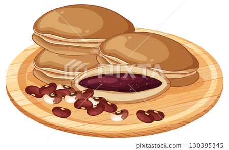 Japanese Dorayaki Pancakes with Red Bean Paste on Wooden Plate 130395345