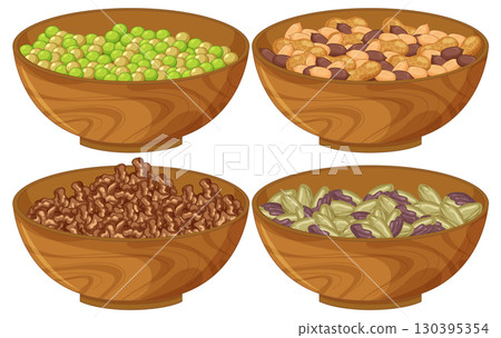 Assorted Nuts and Seeds in Wooden Bowls Vector 130395354