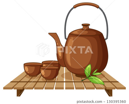 Brown Teapot and Teacups on Wooden Tray with Green Leaves 130395360