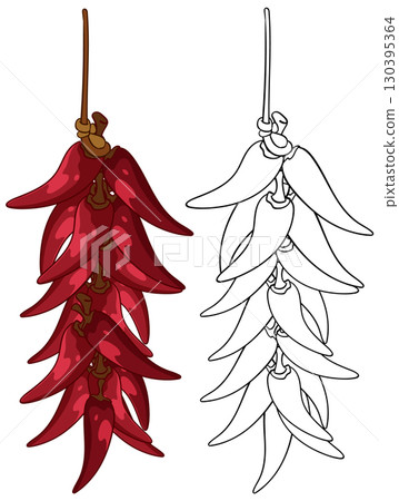 Red Chili Pepper Ristra with Outline Illustration Red Chili Pepper Ristra with Outline Illustration 130395364