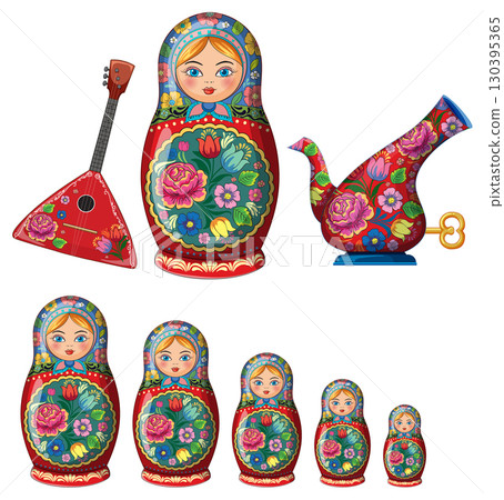 Traditional Russian Nesting Dolls with Balalaika and Samovar 130395365
