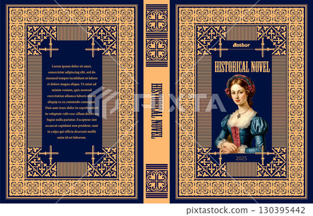 Book cover design for a historical novel, featuring a renaissance noblewoman, with ornate frame and crossed swords 130395442