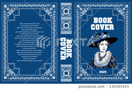 Book cover design featuring an elegant woman wearing a hat and period dress, set against a classic blue backdrop with ornate white borders Book cover design featuring an elegant woman wearing a hat and period dress, set against a classic blue backdrop with ornate white borders 130395443