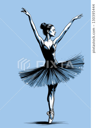 Artistic sketch of a ballerina gracefully dancing on pointe, wearing a tutu 130395444