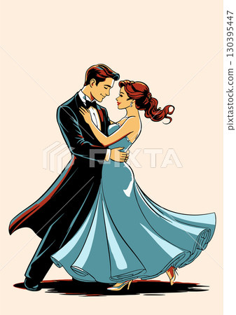Romantic couple performing waltz at prom night or wedding party, pop art style illustration 130395447