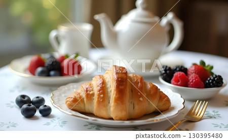 Gourmet Morning Meal Of Croissants Served With Sweet Jam And Warm Tea Gourmet Morning Meal Of Croissants Served With Sweet Jam And Warm Tea 130395480