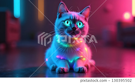 Futuristic Rainbow Cat Shining with Radiant Cyberpunk Digital Aura Colors 130395502