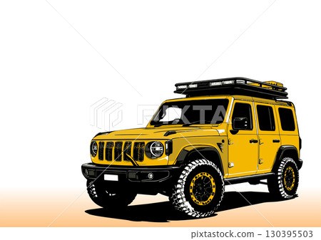 Yellow off-road vehicle parked on a sandy area with roof rack and spotlights 130395503