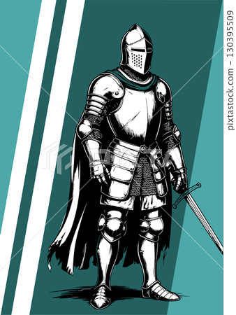 Powerful medieval warrior wearing full body armor and holding a sword 130395509