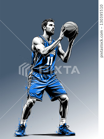 Powerful basketball player shooting a ball during a game, showcasing athleticism and skill Powerful basketball player shooting a ball during a game, showcasing athleticism and skill 130395510