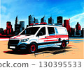 Modern ambulance speeding through city with lights flashing, providing emergency medical services 130395533
