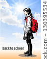 Illustration of an elementary school student wearing a red backpack, standing against a backdrop of a cloudy sky, symbolizing back to school 130395534