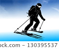 Silhouette of professional skier speeding down snowy slope with ski poles and backpack on sunny day 130395537