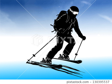 Silhouette of professional skier speeding down snowy slope with ski poles and backpack on sunny day 130395537