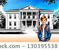 Happy student standing in front of his school with a backpack, ready for the new academic year 130395538