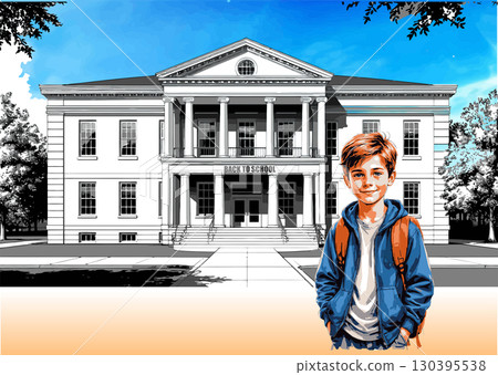 Happy student standing in front of his school with a backpack, ready for the new academic year Happy student standing in front of his school with a backpack, ready for the new academic year 130395538