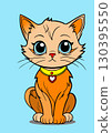 Cartoon illustration of a cute orange kitten wearing a collar with a heart-shaped pendant 130395550