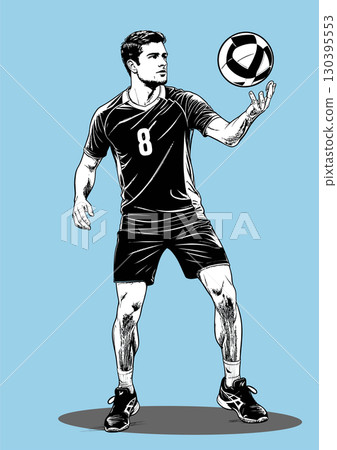 Male athlete in uniform serving volleyball during professional match, dynamic sports illustration Male athlete in uniform serving volleyball during professional match, dynamic sports illustration 130395553