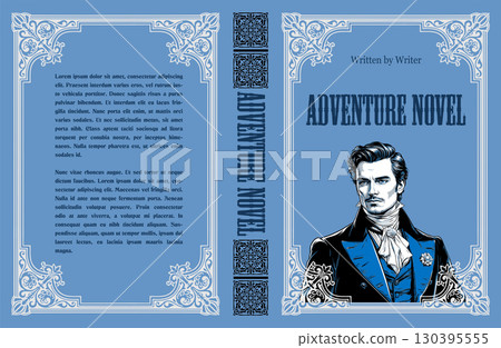 Book cover design for an adventure novel, showcasing a portrait of a distinguished gentleman in period attire, set against a backdrop of ornate frames and typography Book cover design for an adventure novel, showcasing a portrait of a distinguished gentleman in period attire, set against a backdrop of ornate frames and typography 130395555
