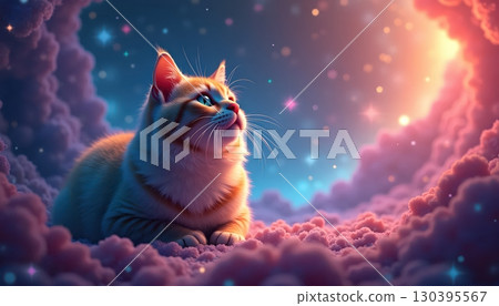 Surreal Rainbow Cat Illuminated by Nebula Colors of Dreamlike Galaxy 130395567