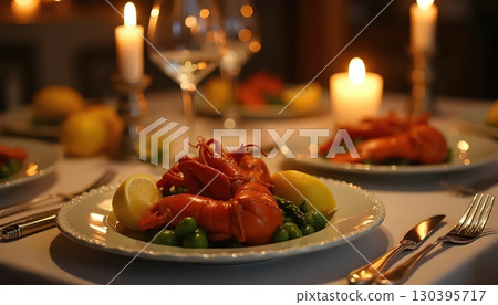 Elegant Romantic Dining Experience With Roasted Lobster And Fresh Seasonal Vegetables 130395717