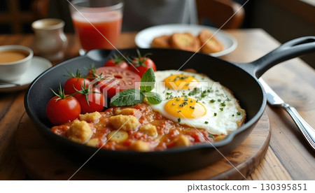 Authentic Morning English Style Breakfast With Toast Tomatoes Eggs And Bacon 130395851