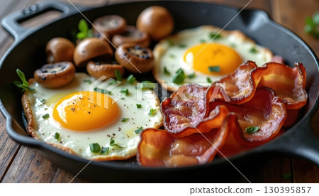 Traditional Hearty English Morning Meal With Pan Cooked Bacon Eggs And Sausages Traditional Hearty English Morning Meal With Pan Cooked Bacon Eggs And Sausages 130395857