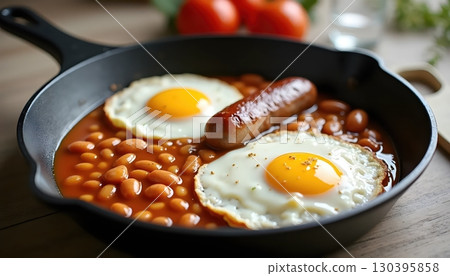 Morning Breakfast Pan Filled With Sunny Eggs Beans And Juicy Grilled Sausages Morning Breakfast Pan Filled With Sunny Eggs Beans And Juicy Grilled Sausages 130395858
