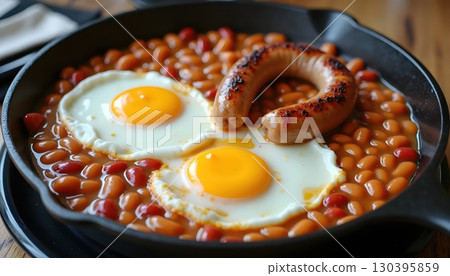 Hearty Skillet Style English Breakfast With Baked Beans Fried Eggs And Toast Hearty Skillet Style English Breakfast With Baked Beans Fried Eggs And Toast 130395859