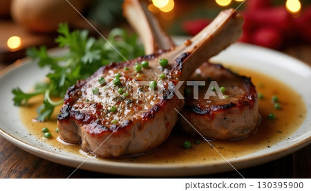 Festive Dining Plate Of Juicy Grilled Lamb Chops With Holiday Garnish 130395900