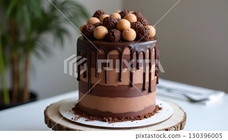 Elegant Chocolate Dessert Cake Decorated with Glossy Frosting Layers 130396005