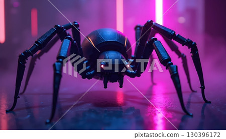 Dark Futuristic Robotic Spider Glowing with Intense Violet Neon Aura 130396172