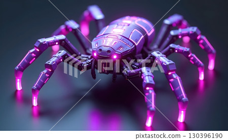 Futuristic Arachnid Cyberpunk Machine Illuminated by Bright Purple Neon Glow 130396190