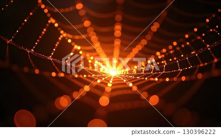 Fiery Magical Spider Web Shining Brightly Against the Dark Background Fiery Magical Spider Web Shining Brightly Against the Dark Background 130396222