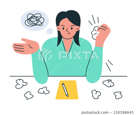 Flat cartoon vector illustration of woman at desk with creative block. Female character with crumpled paper, blank sheet, struggling with ideas, frustration in work, concept of productivity, stress Flat cartoon vector illustration of woman at desk with creative block. Female character with crumpled paper, blank sheet, struggling with ideas, frustration in work, concept of productivity, stress 130396645