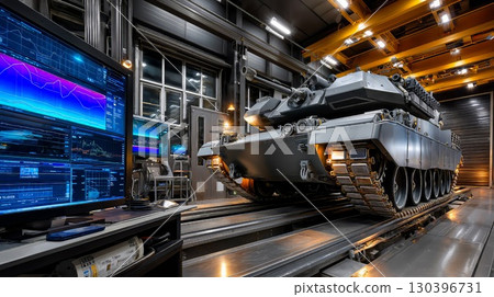 Military tank undergoing rigorous testing on specialized platform, advanced diagnostic computers monitoring performance metrics with precision engineering Military tank undergoing rigorous testing on specialized platform, advanced diagnostic computers monitoring performance metrics with precision engineering 130396731
