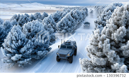 Snow covered road winding between frosty trees, military vehicles navigating harsh winter terrain with rugged determination and resilience 130396732