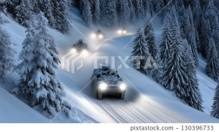 Armored military vehicles navigating steep, snow covered mountain road during nighttime, headlights cutting through dark winter landscape Armored military vehicles navigating steep, snow covered mountain road during nighttime, headlights cutting through dark winter landscape 130396733