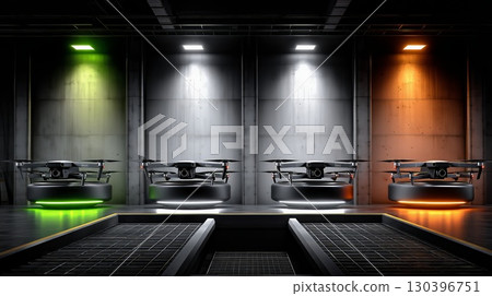 Camera drones charging on multicolored illuminated platforms, positioned within dimly lit industrial hangar featuring concrete walls and metal grid flooring 130396751