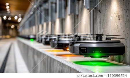 Many drones are charging in a warehouse, ready for delivery, surveillance, or other commercial applications, showcasing the growing use of unmanned aerial vehicles in various industries Many drones are charging in a warehouse, ready for delivery, surveillance, or other commercial applications, showcasing the growing use of unmanned aerial vehicles in various industries 130396754