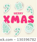 Square Christmas poster with pink halftone XMAS text and mint green 3D stickers of Santa, tree, gift and candy cane on beige background. Modern festive design for greeting cards 130396782