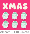 Square Christmas poster with XMAS halftone lettering and multiple Santa 3D sticker icons on bright pink background. Modern festive design for greeting cards, social media, flyers and seasonal projects 130396783