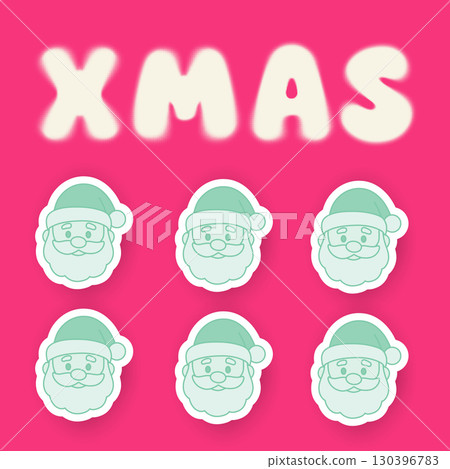 Square Christmas poster with XMAS halftone lettering and multiple Santa 3D sticker icons on bright pink background. Modern festive design for greeting cards, social media, flyers and seasonal projects 130396783