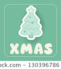 Square Christmas poster with XMAS blur halftone text and central 3D sticker Christmas tree on green background. Minimal festive design for greeting cards, invitations, flyers and seasonal projects. 130396786