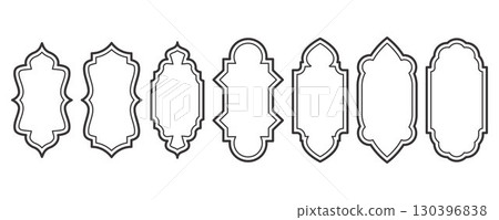 Ramadan frame shapes. Window Arabic arc outline elements. Door design with Turkish ornament. Muslim oriental sticker template. Traditional decoration set for banner and badge. 130396838