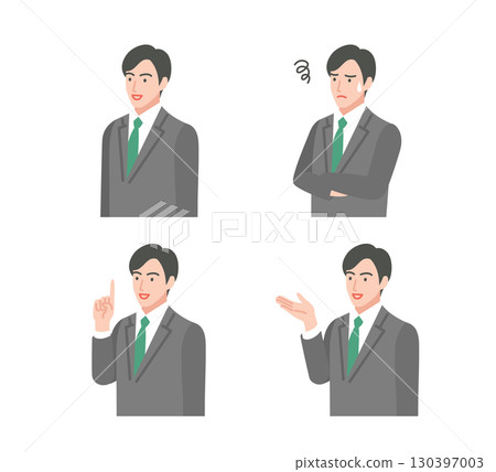 A man in a suit with various facial expressions 130397003